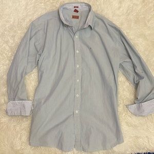 Izod Luxury Sport White Blue Green Striped Button Down Flip Cuff Dress Shirt XL
